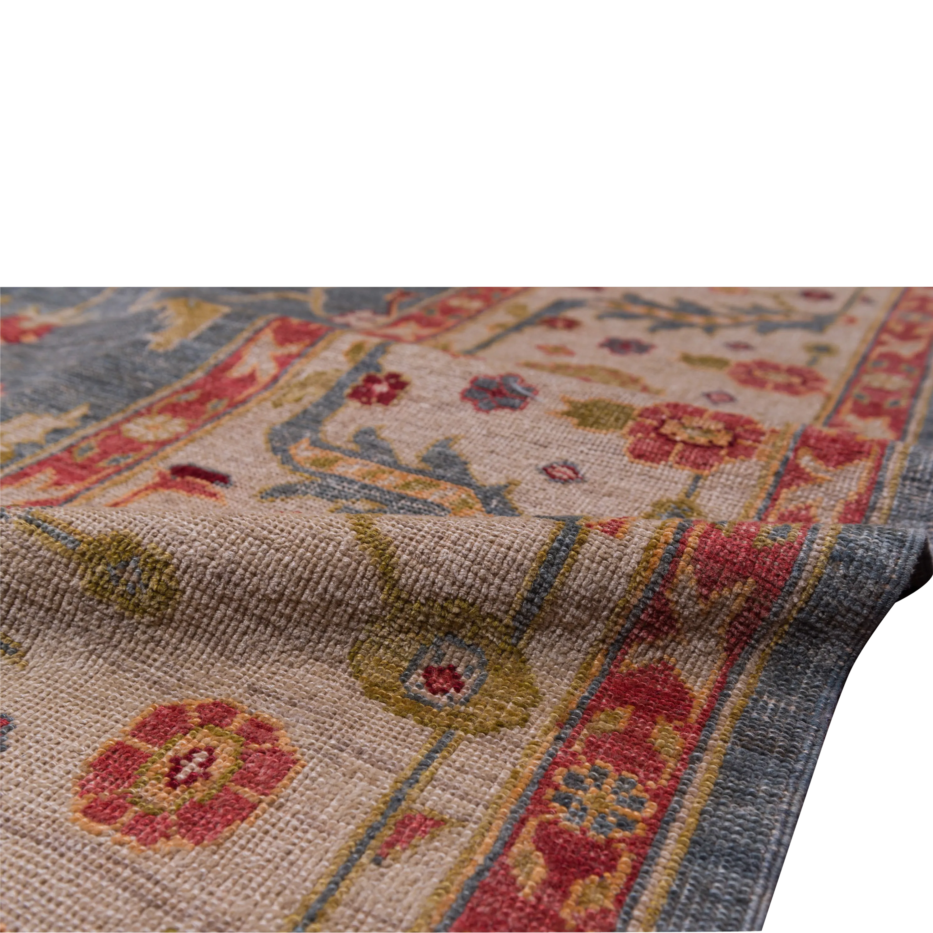Blue and Red Oushak Angora Wool Rug - 13'7" x 17'